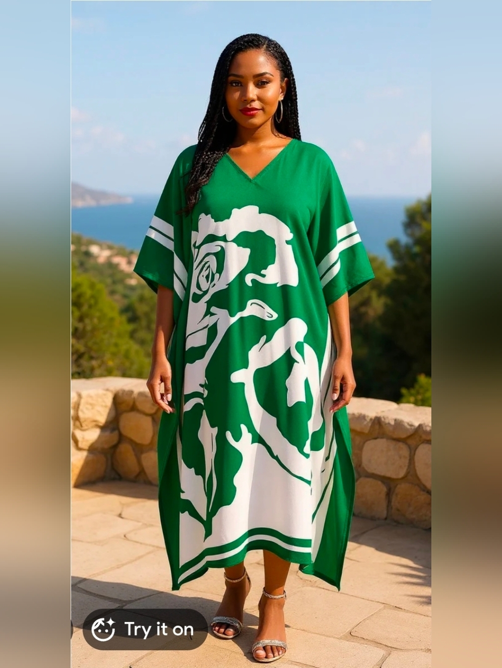 Gypsie Blu Green Floral V-Neck Maxi Kaftan Dress - One Size Fits All